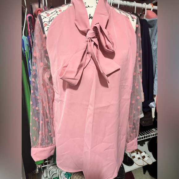 SHEIN Tops - NWOT pink polka dot sheer sleeve bow style top m